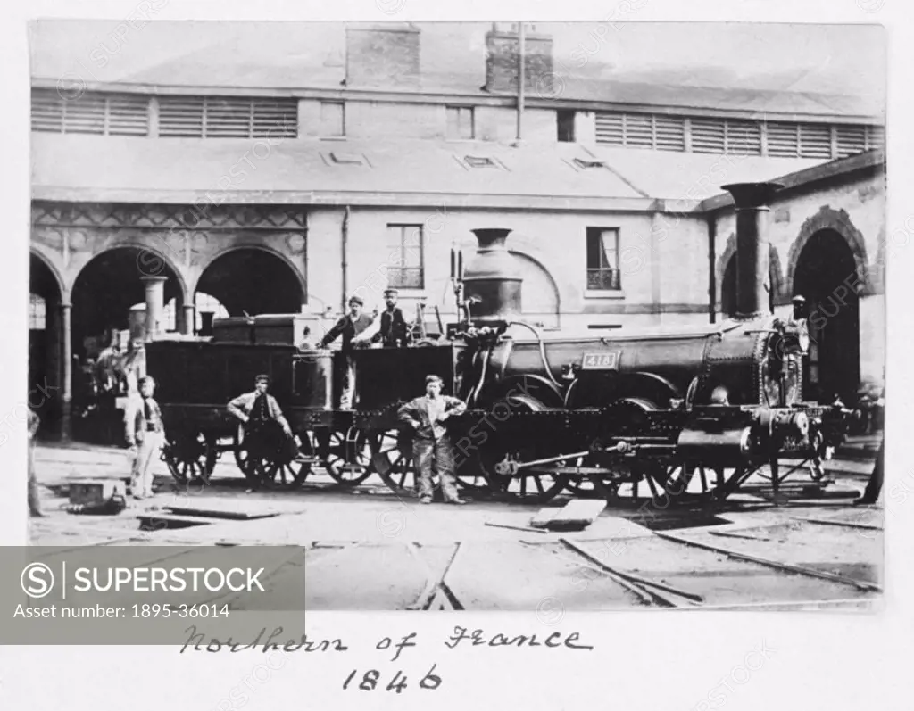0-4-0 Locomotive number 418 and workers, 1846.   This locomotive operated on the Northern of France lines. The Northern of France served stations betw...