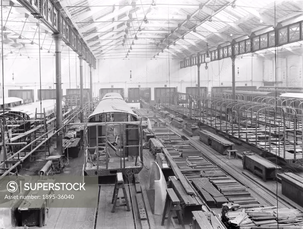 A steel coach under construction at Horwich works, Lancashire, 24 September 1914. At this time steel coaches were rare and most coaches were made from...