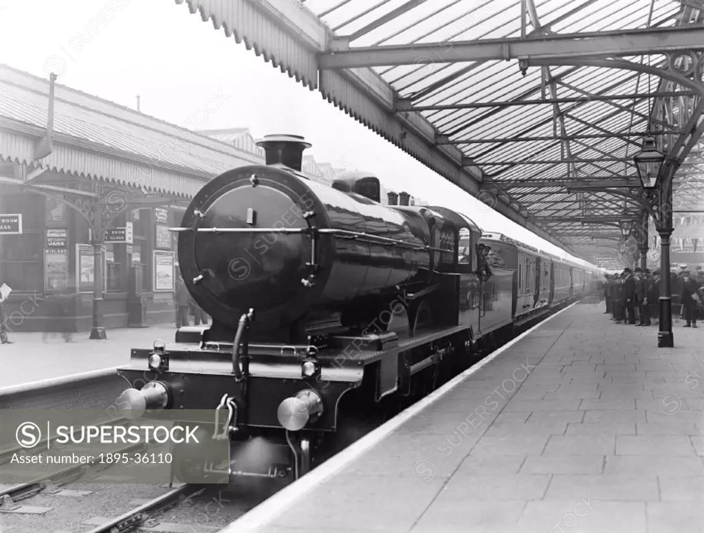 Royal Train, pulled by a 4-6-0 locomotive number 1514 at Rochdale station, Greater Manchester 1913.  The train carried King George V and Queen Mary to...