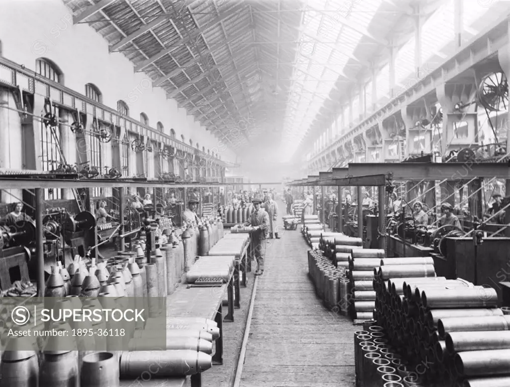Lancashire & Yorkshire Railway workers manufacturing ammunition at Horwich works, 1916.   This area of the works was usually where the locomotives wer...