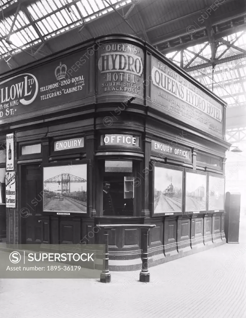 Enquiry office at Liverpool Exchange station, 7 August 1918. This office is where tickets could be bought, reservations made, and timetables acquired....