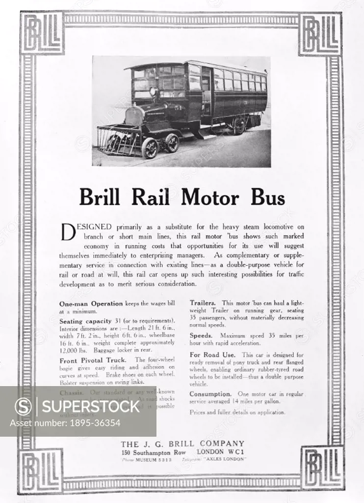 Brill Rail Motor bus, 7 November 1921.   This petrol driven locomotive also has seats for passengers within the same vehicle. It was designed by the A...