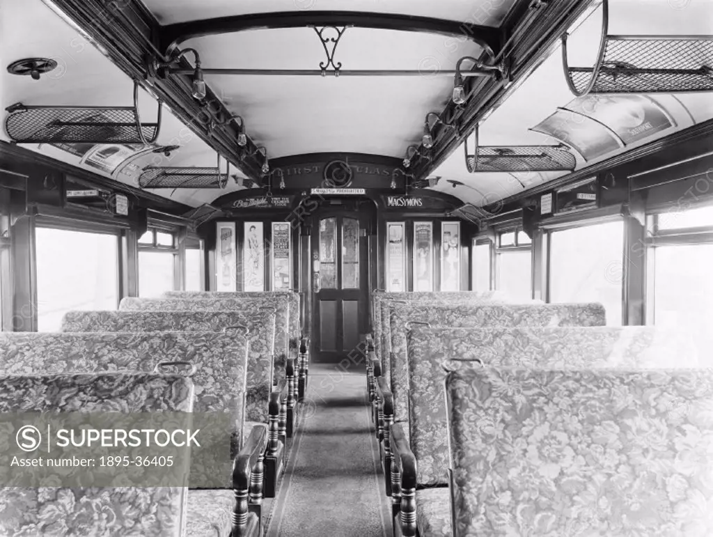 First class carriage interior, about 1924. First class carriages were more luxurious than third class. The seats were wider and more comfortable, and ...