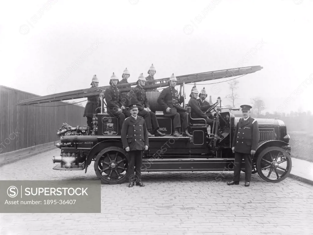 London, Midland & Scottish Railway motorised fire engine at Horwich works, Lancashire, 18 June 1924.   Horwich works had their own fire brigade in cas...