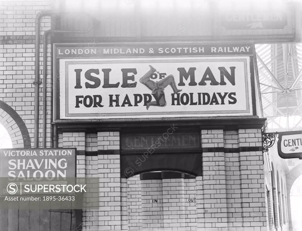 Poster advertising London, Midland & Scottish Railway holidays to the Isle of Man at Manchester Victoria station, 1925. The LMS provided rail connecti...