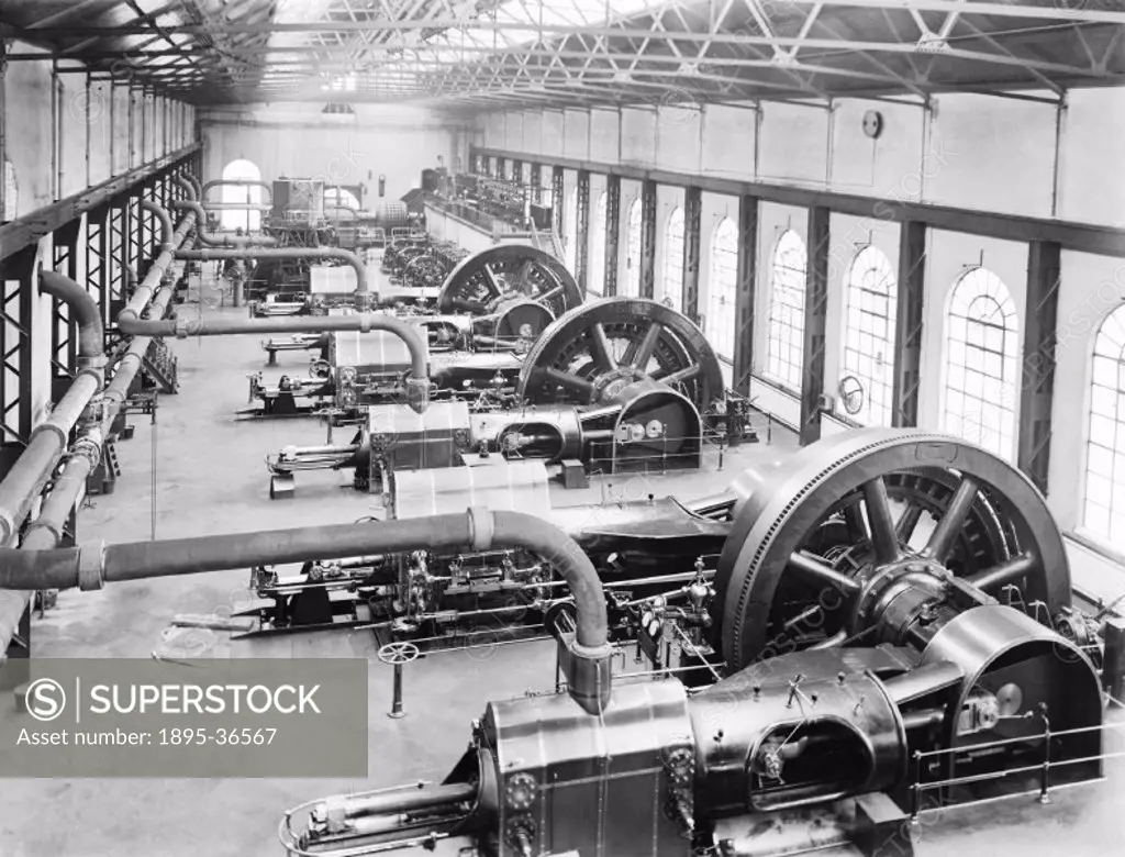Machinery inside Formby Power station, Merseyside, 23 December 1908.  This power station was built to provide electricity to power the Liverpool to So...