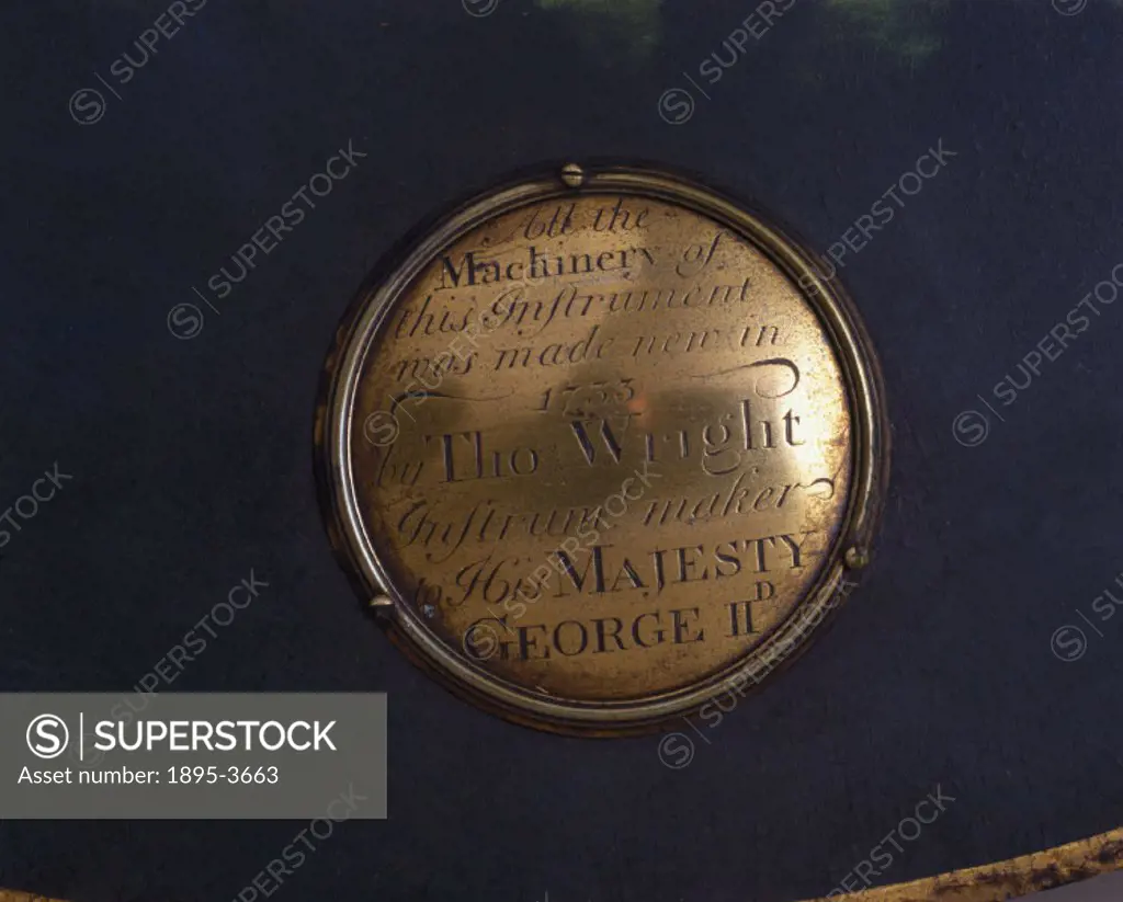 Detail of maker´s nameplate. It is not known who made this orrery in the first place, only that Thomas Wright made such extensive modifications in 173...