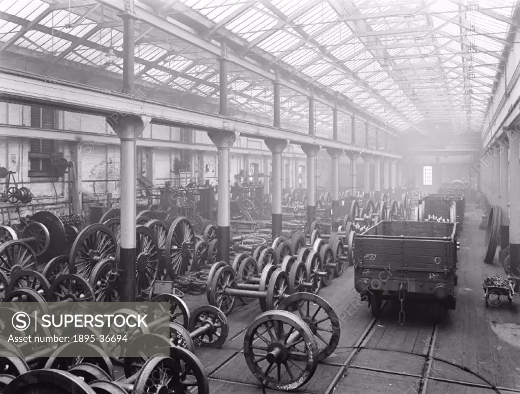 Wheels being manufactured at Derby works, 13 March 1914.  Derby works produced its first new locomotive in 1851 and production expanded rapidly. By th...