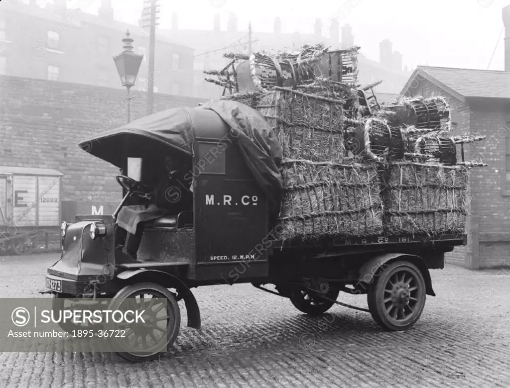 Edison electric motor vehicle, loaded with goods at Sheffield, 11 November 1915.  These vehicles collected goods from stations and took them into offi...