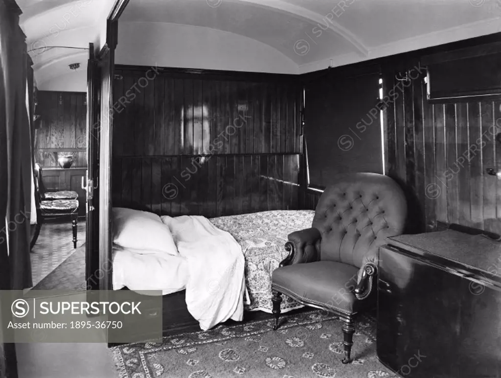 Bedroom inside a service vehicle, at Derby works, 27 July 1917. This carriage was used by senior railway officials on inspection trips. The carriage h...