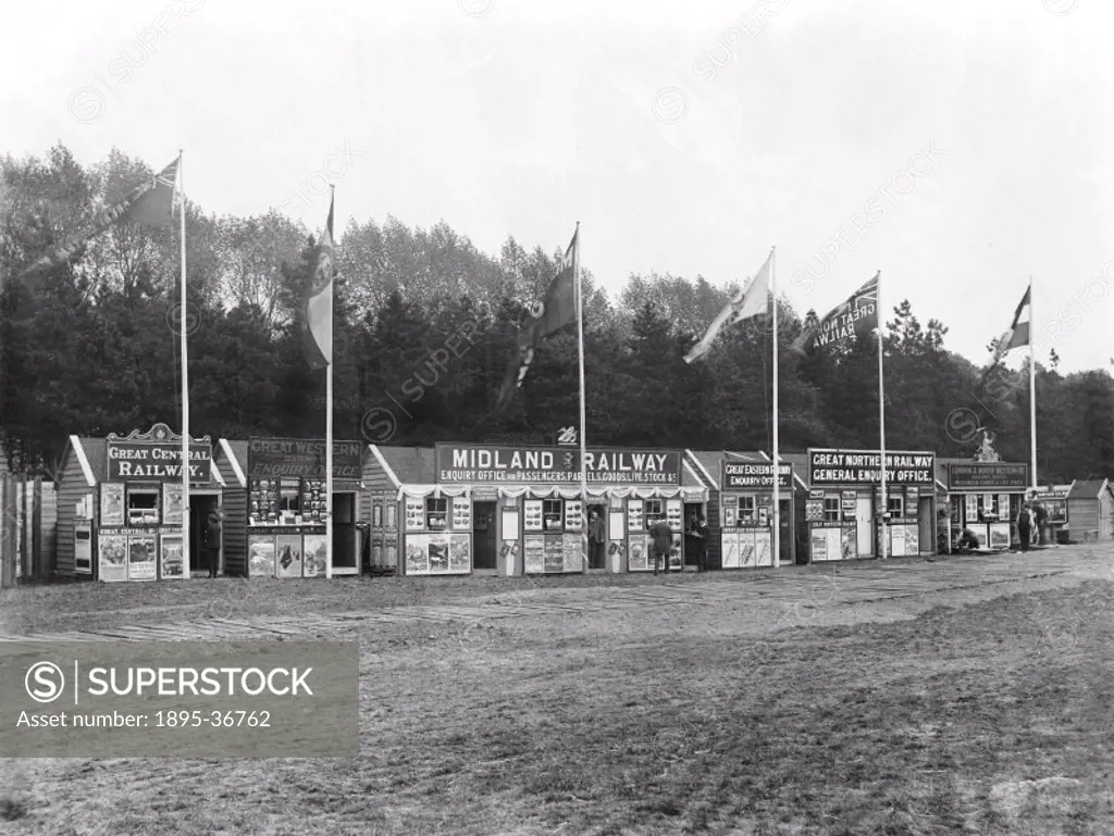 Railway company enquiry offices at a show in Wollaton Park, Nottingham, 30 May 1905.   The kiosks carried leaflets, posters and photographs advertisin...