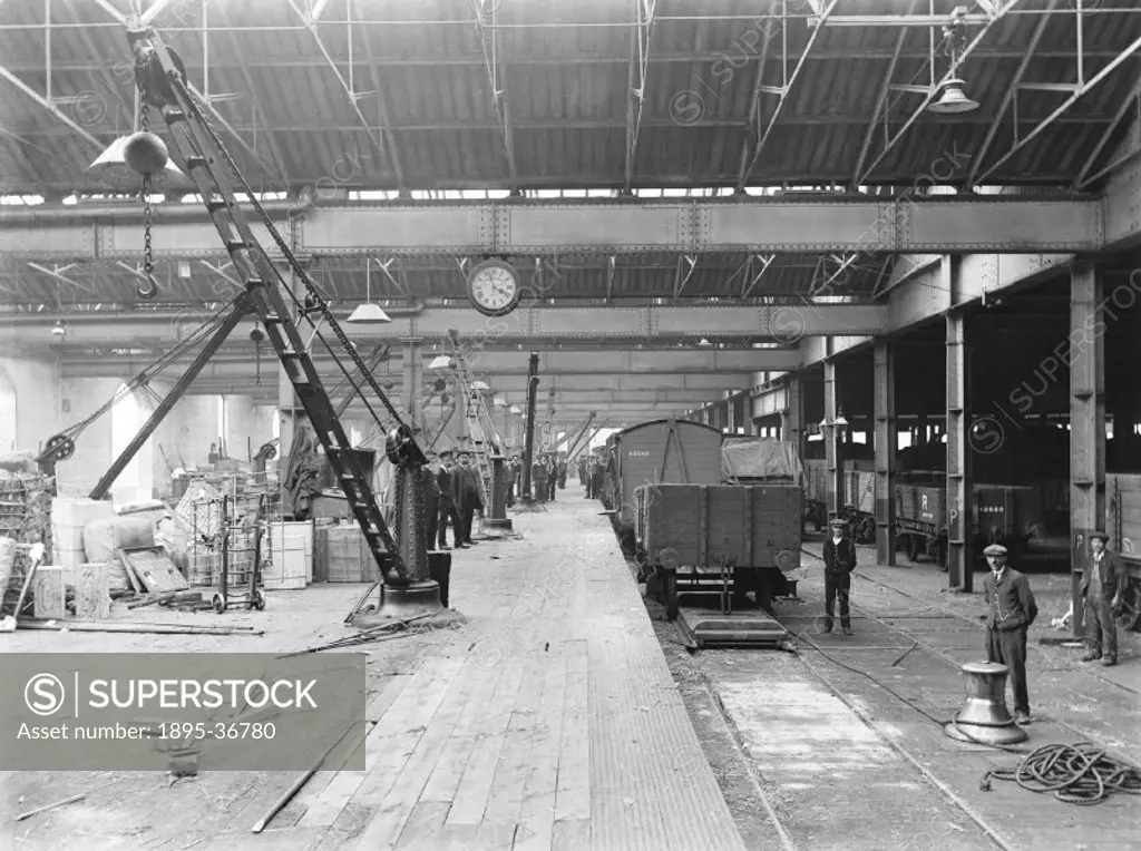 Cranes at St Pancras station goods yard, 1919. This depot was where goods were brought to be sorted, loaded onto wagons and transported to their desti...