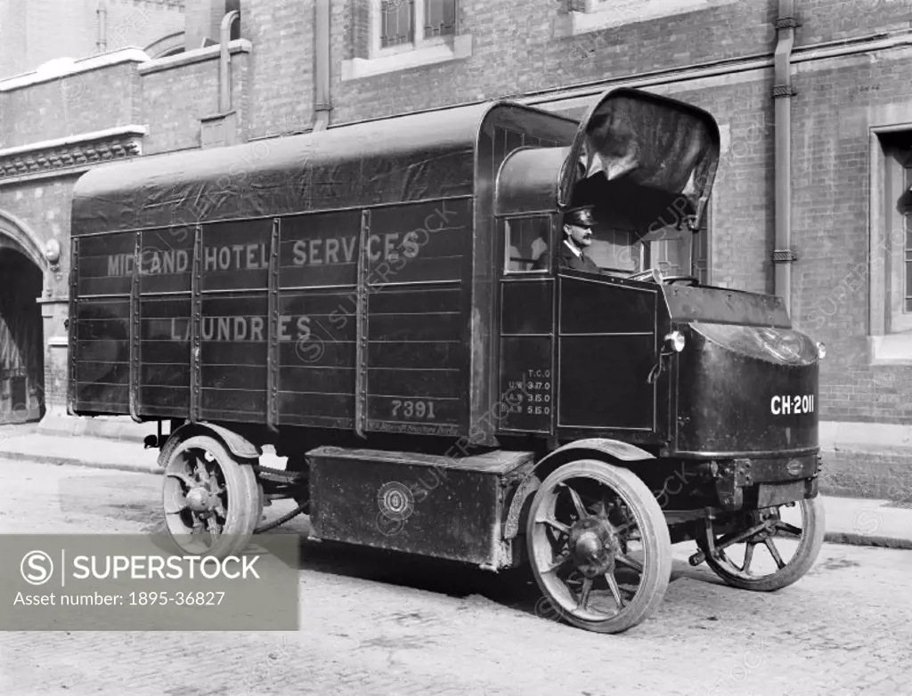 Midland Railway Hotel Services laundry van, London, 20 October 1920. The van collected dirty sheets from Midland Railway hotels and brougt in clean sh...