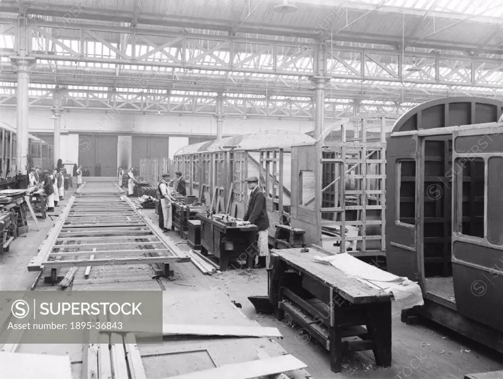 Construction of carriages at Derby works, 25 January 1921. Carriages were made from wood at this time. After the Second World War, wrought iron, then ...