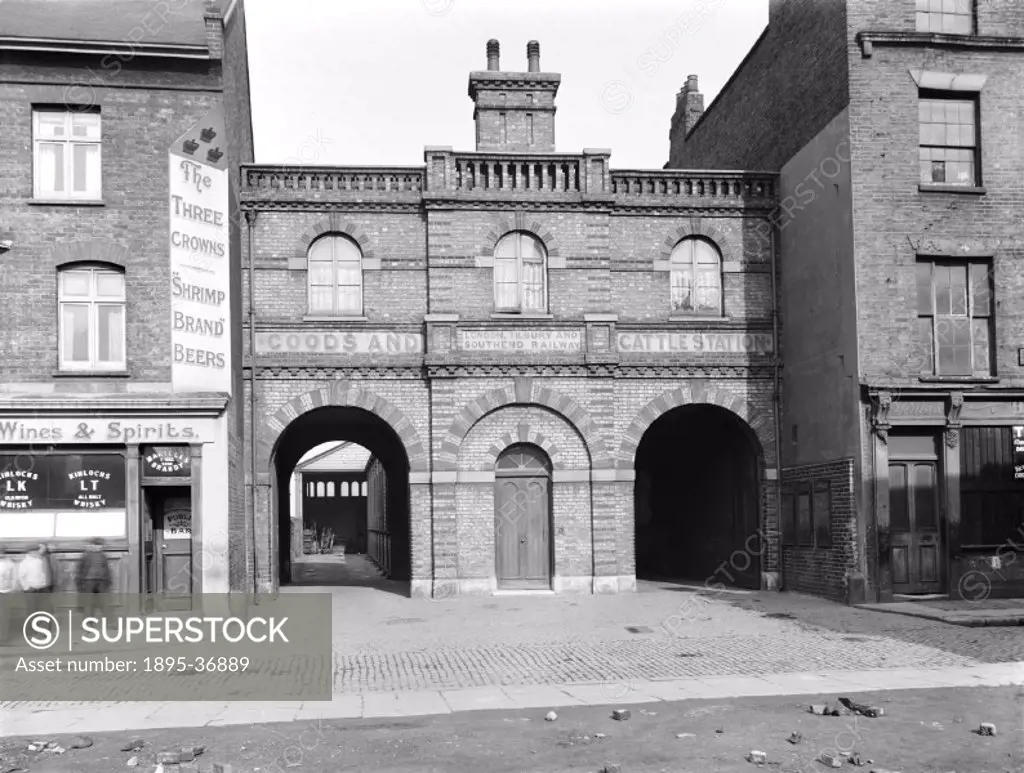 Entrance to the goods and cattle station at Gravesend docks, Kent, February 1922. These docks were owned by the Midland Railway. They were formerly un...