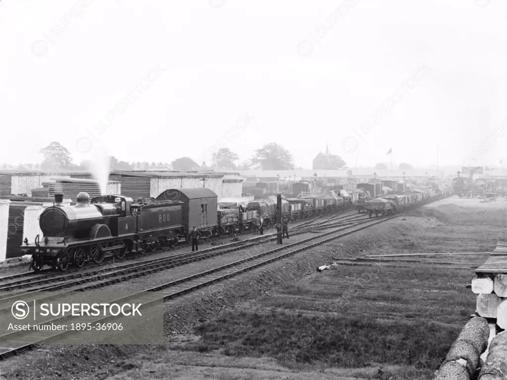 Freight train pulled by locomotive number 800, carrying equipment for the Royal Agricultural Show at Derby, June 1906.  The Royal Agricultural show ha...