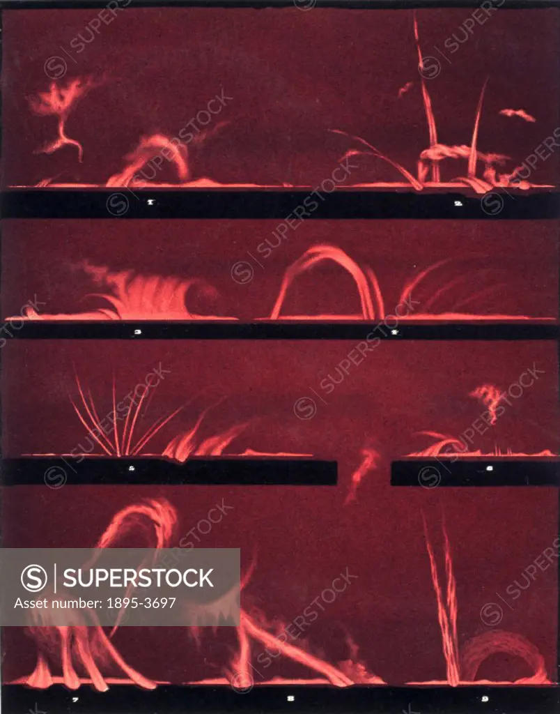 Lithographic colour print issued by Harvard College Observatory in 1876, showing nine sketches of solar prominences.  Drawn in 1872 by Etienne Leopold...