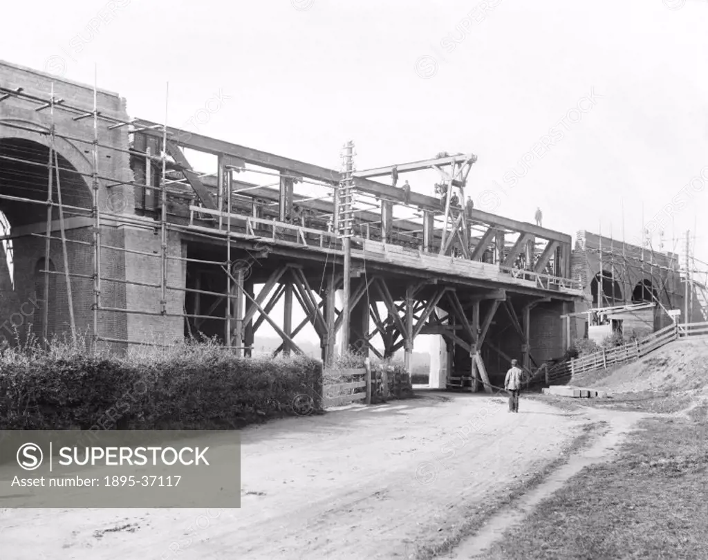 Construction of a new viaduct at Chiltern Green, Hertfordshire, about 1910.  When the railways were first built, trains were lighter than at the end o...