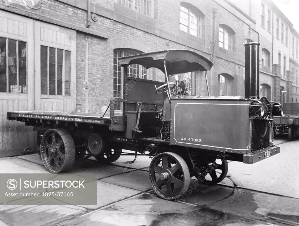 Steam powered lorry at a Midland Railway goods depot, 14 September 1908.  Steam powered road vehicles were invented in the 18th century and by the lat...