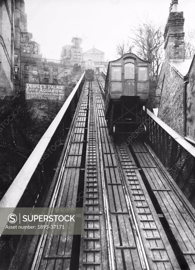 Cliff top trams at Scarborough, 22 September 1897. The trams carried passengers to the top of the cliffs. This tramway was the first cliff railway in ...