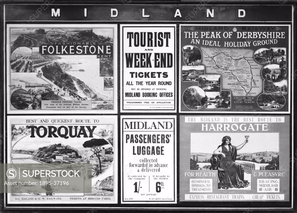 Midland Railway advertisements at Derby station, 18 April 1910. The Midland Railway provided rail services or connections to stations all over Britain...