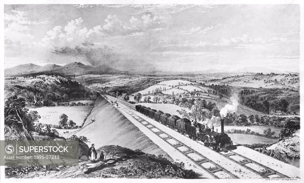 Drawing of a freight train on the Lickey incline, on the Birmingham & Gloucester Railway, about 1845.  This line opened in 1840. The Lickey incline, w...