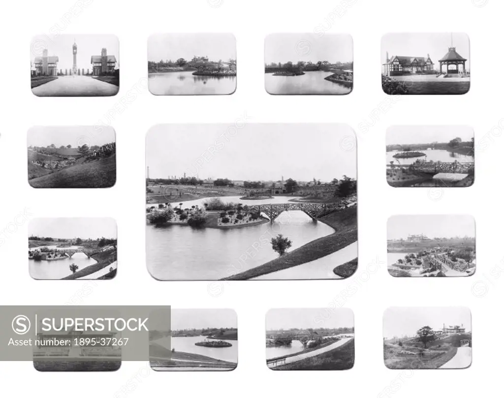 Montage of views of Queen´s Park, Crewe, 1890. The park, close to Crewe Works, had gardens and a clock tower, and was used by the workers and members ...