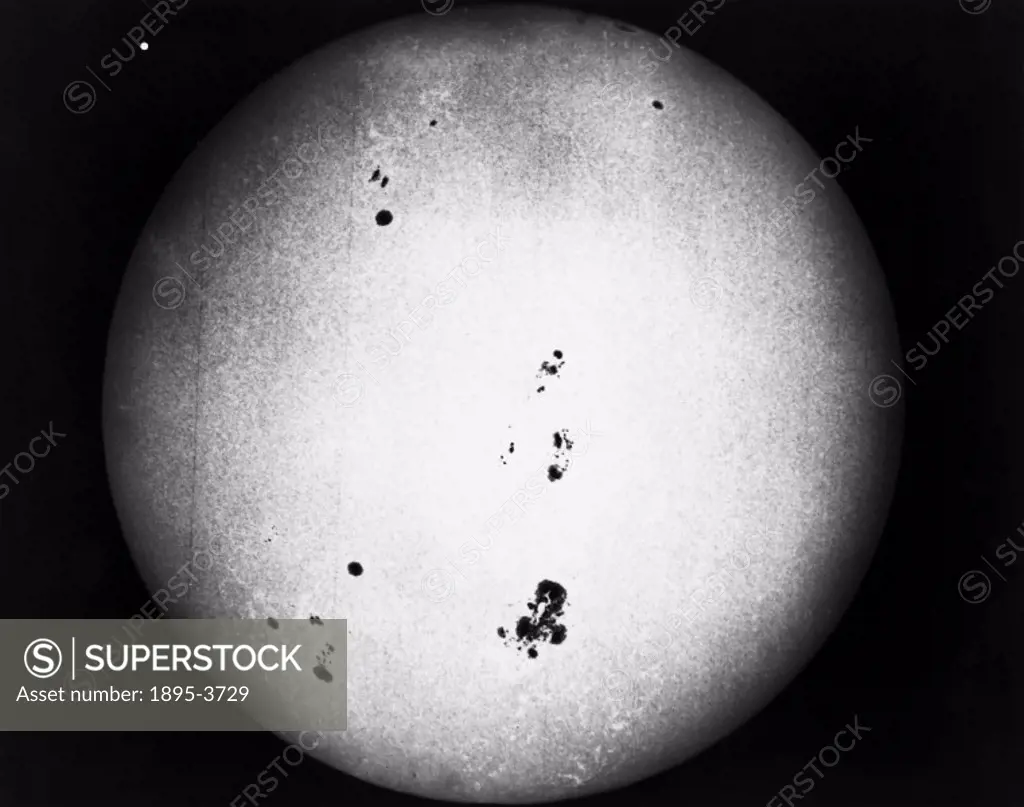 This solar photograph, in white light, shows the whole disc of the Sun on 12 August, 1917. Taken using the 60-Foot Tower Telescope at Mount Wilson Obs...