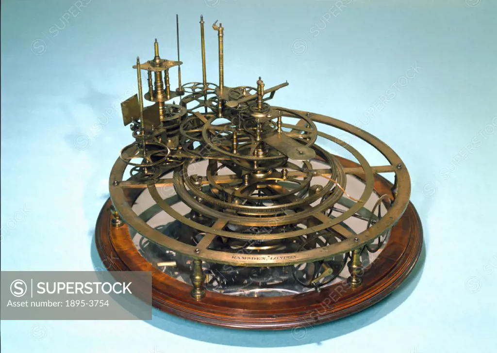 A view showing the gear work mechanism of an unfinished orrery, made by the famous instrument maker Jesse Ramsden. The orrery was invented in 1710 by ...