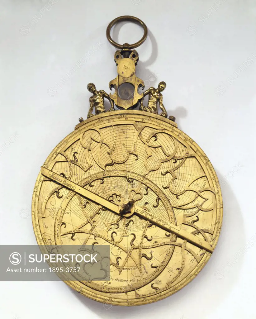 This unsigned brass astrolabe is attributed to Gualterus Arsenius, a Flemish instrument maker from Louvain, Belgium. An astrolabe is in essence a mode...