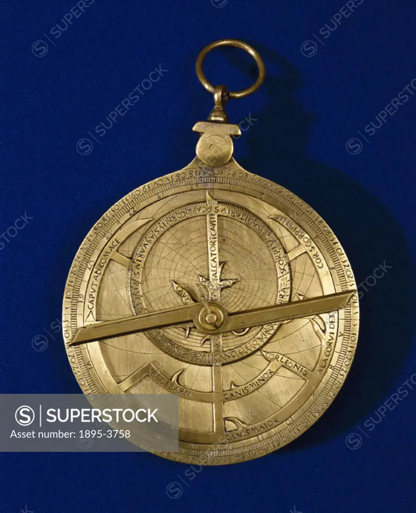 This unsigned brass astrolabe is thought to be Italian in origin. An astrolabe is in essence a model of the universe that an astronomer could hold in ...