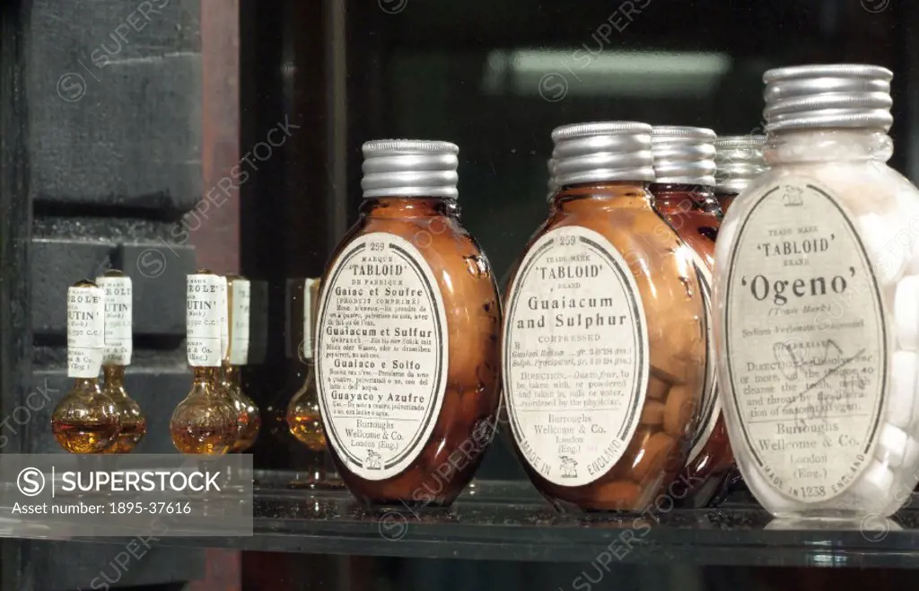 Four brown glass self standing Vaporole’ ampoules of Ernutin, two oval brown glass bottles of Tabloid guaiacum and sulphur and one oval clear glass b...