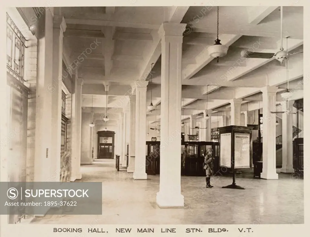 Inside the new main line station building at Victoria Terminus, Bombay, (now Mumbai). This station was the terminus for the Great Indian Peninsula Rai...