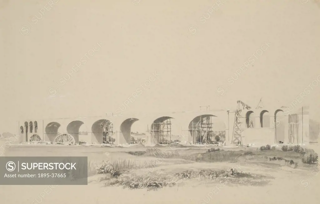 Construction of Wolverton Viaduct, Buckinghamshire, on the London & Birmingham Railway, by John Bourne, 1837. The railway opened the following year an...