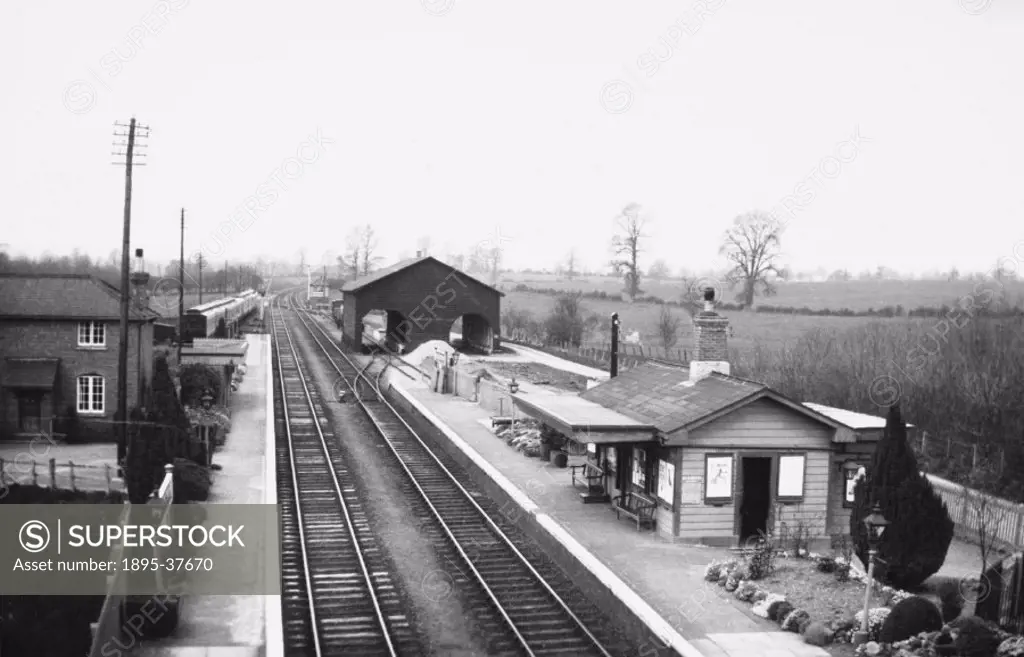 View of Adlestrop station, Gloucestershire, by Mowat, about 1930. Adlestrop station was built in 1853, on the Great Western Railway´s Cotswold line, f...