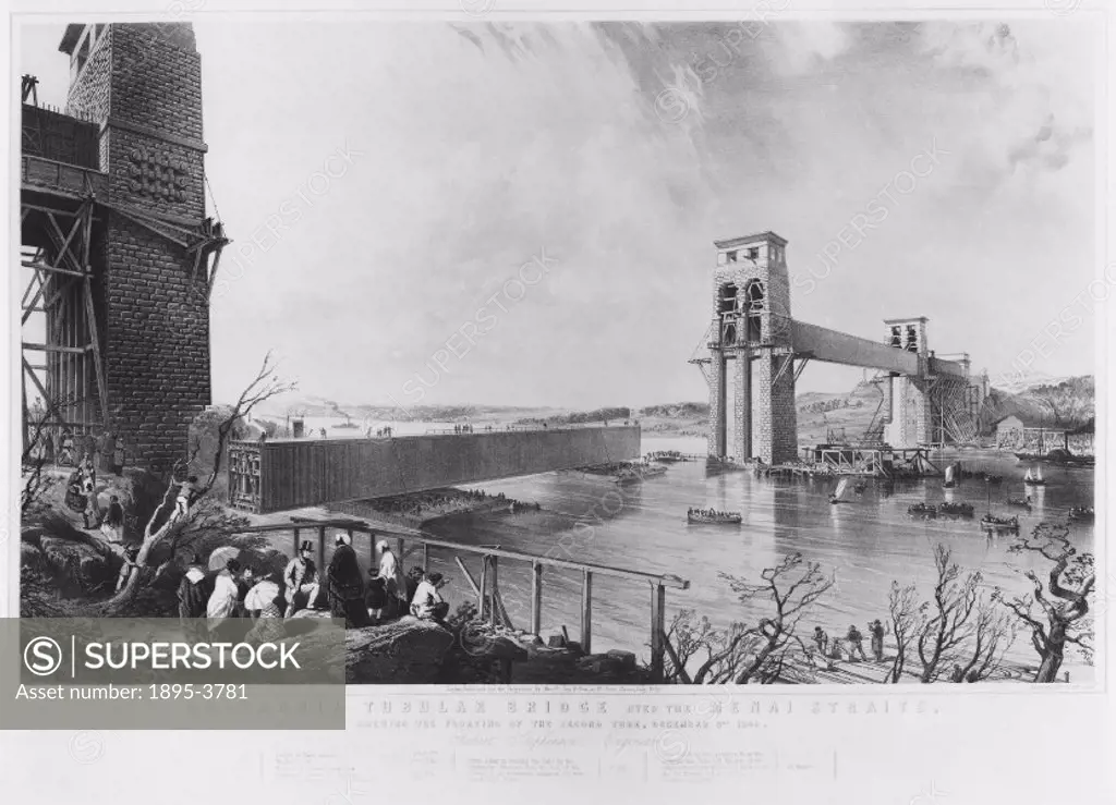 Coloured lithograph by and after G Hawkins, showing the floating of the second tube. The Britannia Tubular Bridge, designed by Robert Stephenson (1803...