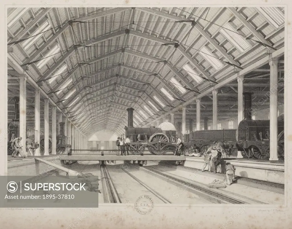 Inside a Great Western Railway Motive power depot in Swindon, by John Bourne, 1845.  Bourne is known for his illustrations of railways in the 1830s an...