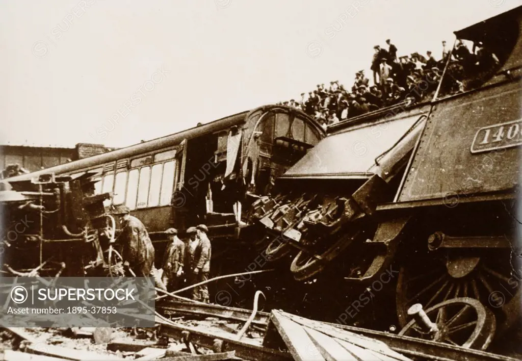 Derailed London, Midland & Scottish Railway passenger train at Diggle, Greater Manchester, 5 July 1923.   The accident was caused by a misunderstandin...