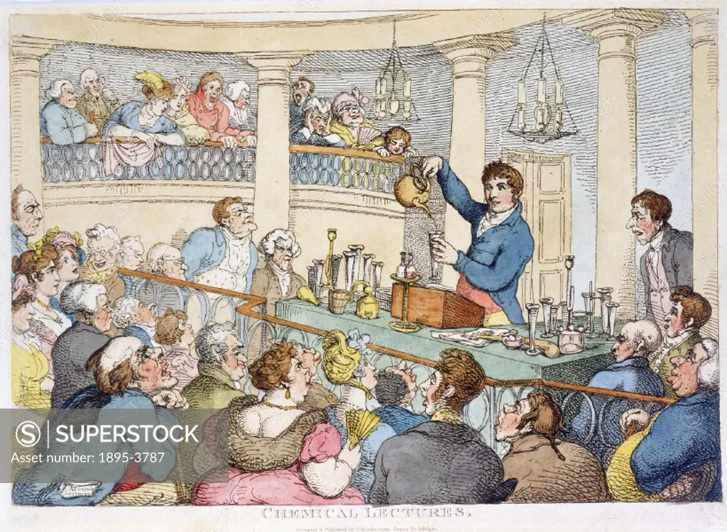 Coloured satirical etching by Thomas Rowlandson showing Sir Humphry Davy (1778-1829), the famous chemist, lecturing at the the Surrey Institution in B...