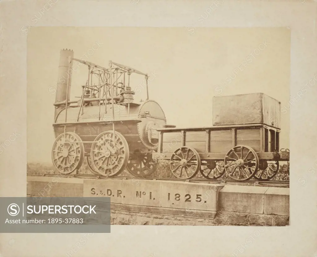 Stockton & Darlington Railway 0-4-0 steam locomotive number 1 Locomotion on display with its tender at North Road station in Darlington, about 1870.  ...