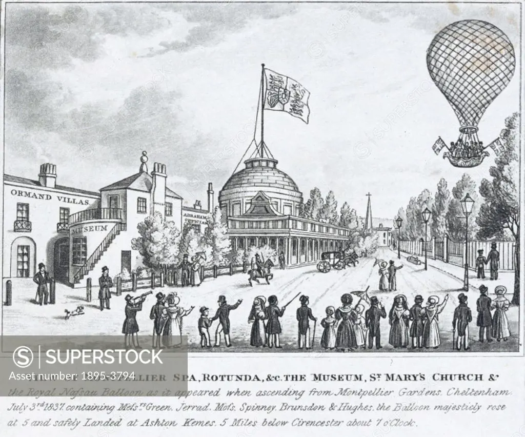 Aquatint depicting the Royal Nassau’ balloon containing Green, Jerrad, Moss, Spinney, Brunsdon and Hughes, ascending from the rotunda at Montpellier ...