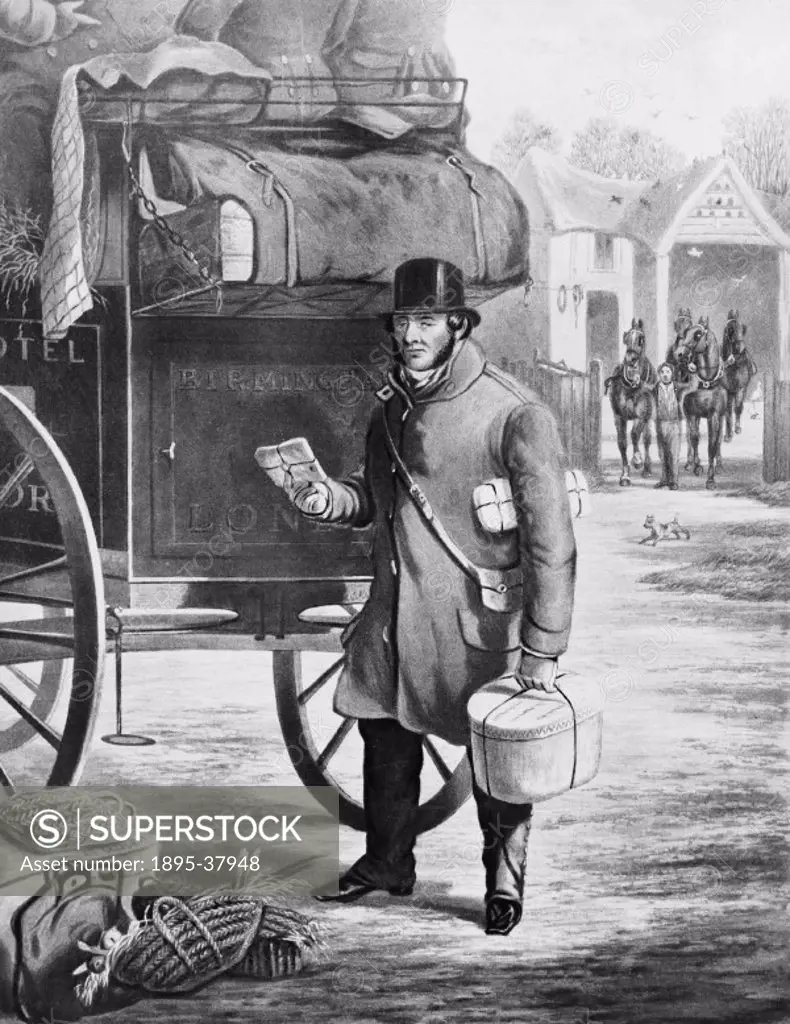 Stagecoach porter, 1832. The porter was responsible for loading luggage onto the stagecoaches and carrying passenger´s luggage for them. This drawing ...