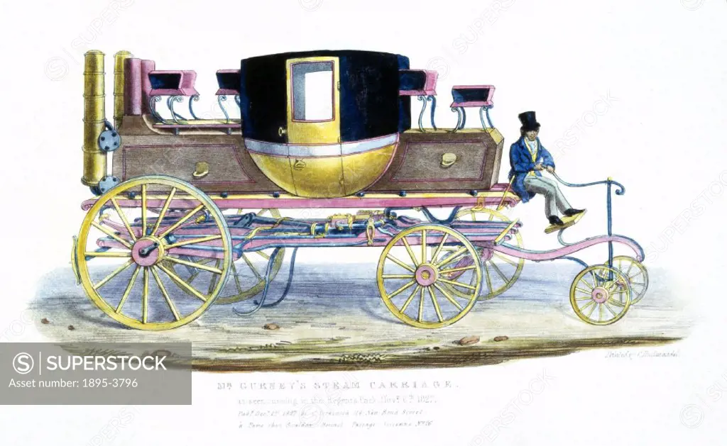 ´Handcoloured lithograph by G Scharf. The inscription on the lithograph reads; ´Mr Gurney´s steam carriage as seen running in Regent´s Park Novr 6th 1...