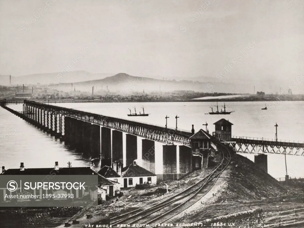 The Tay Bridge, taken shortly after it collapsed, Angus, about 1880. The bridge, which crosses the Firth of Tay at Dundee, collapsed on 28 December 18...