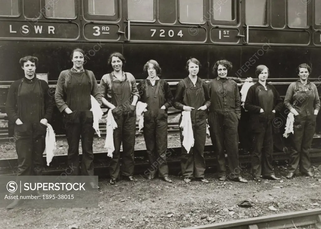 Women carriage cleaners on the London & South Western Railway, about 1916. Carriages got very dirty from all the smoke and ash produced by the locomot...