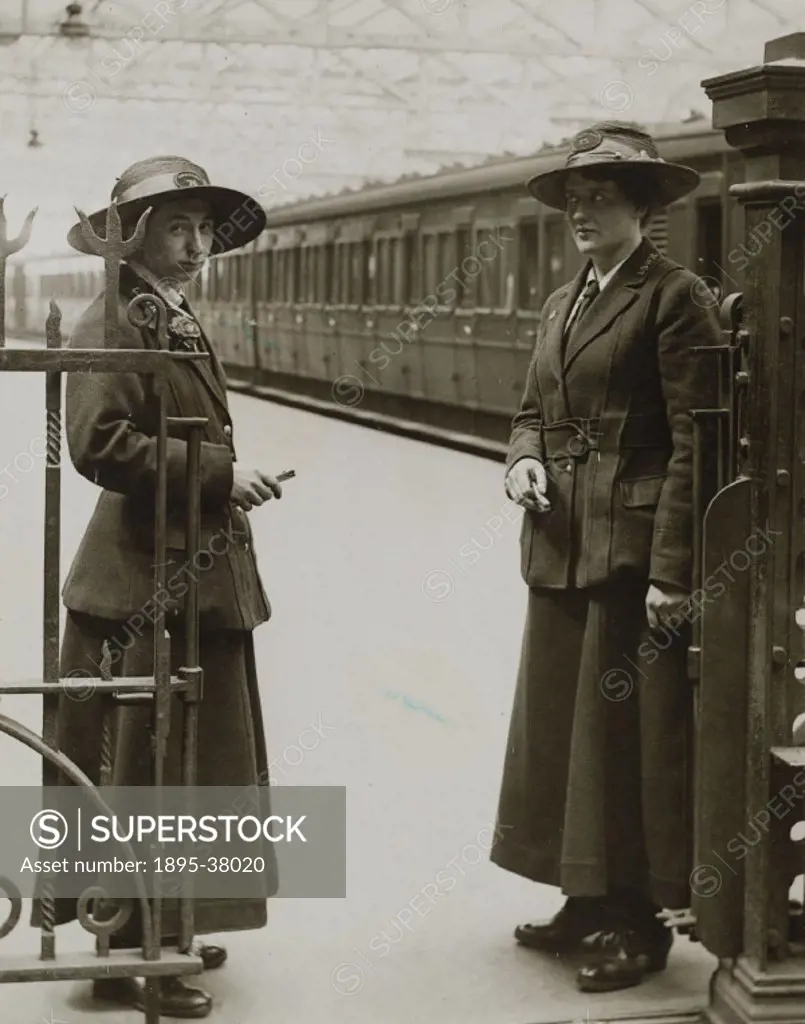 Women ticket collectors on the London & South Western Railway, about 1916.   During the First World War labour shortages meant that women performed ma...