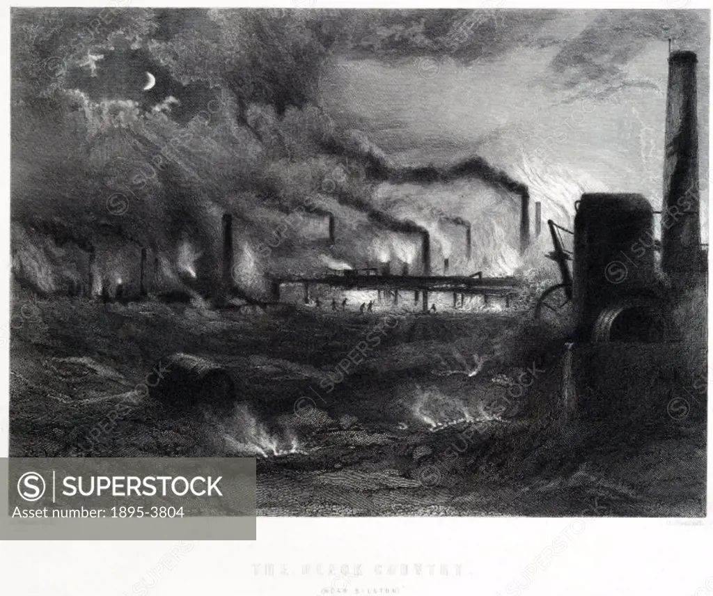 Engraving by G Greatbach after H Warren RA, showing a scene of heavy industry at night. Bilston, which is now part of Wolverhampton in the West Midlan...