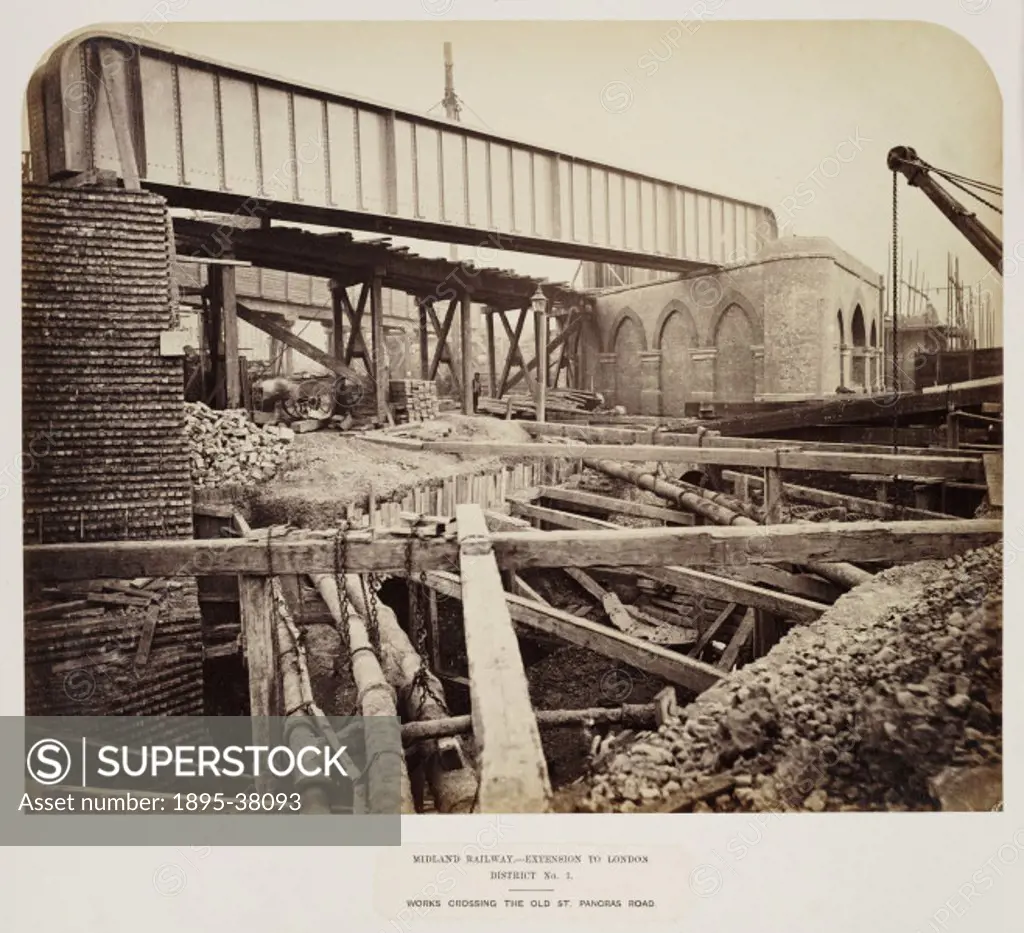 Construction of a Midland Railway bridge over the St Pancras road, by J B Pyne, 2 July 1867. The road was kept at the original level but the railway w...