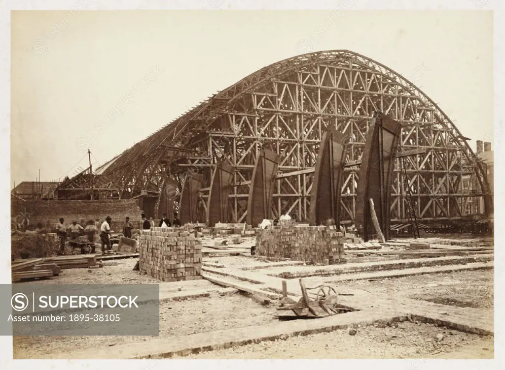 Construction of the roof of St Pancras station, London, by J B Pyne, 1868. This station was completed in 1868, as the London terminus for the Midland ...