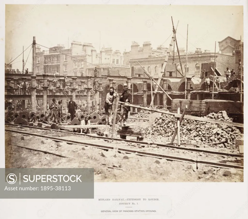 General view of the site of St Pancras station, London, about 1867. The station was opened in 1868, providing a London terminus for the Midland Railwa...